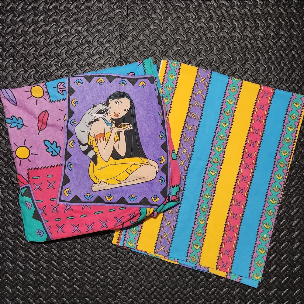 Vintage Disney Pocahontas Twin Bed Sheet Set 90s Kids Bedding Fabric